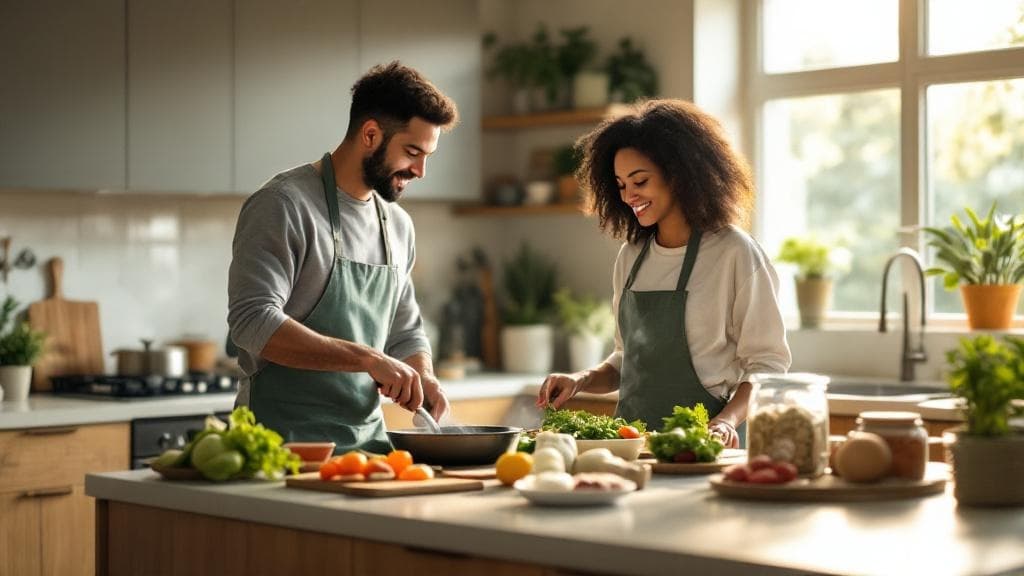 Couple cooking a fresh meal together in a bright kitchen, using PlanPantry AI to plan dinner