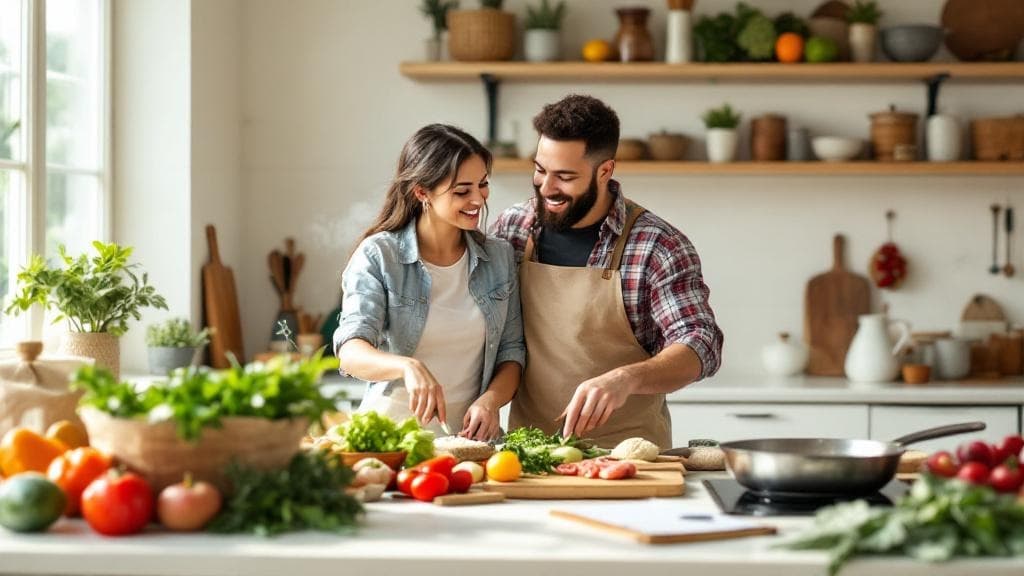 Happy couple preparing a healthy meal with fresh vegetables, guided by AI meal planning