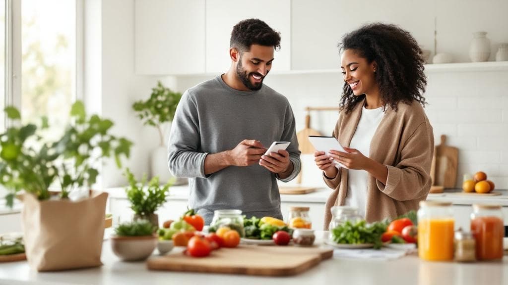 Couple using their phones and tablets in the kitchen while preparing groceries with PlanPantry AI